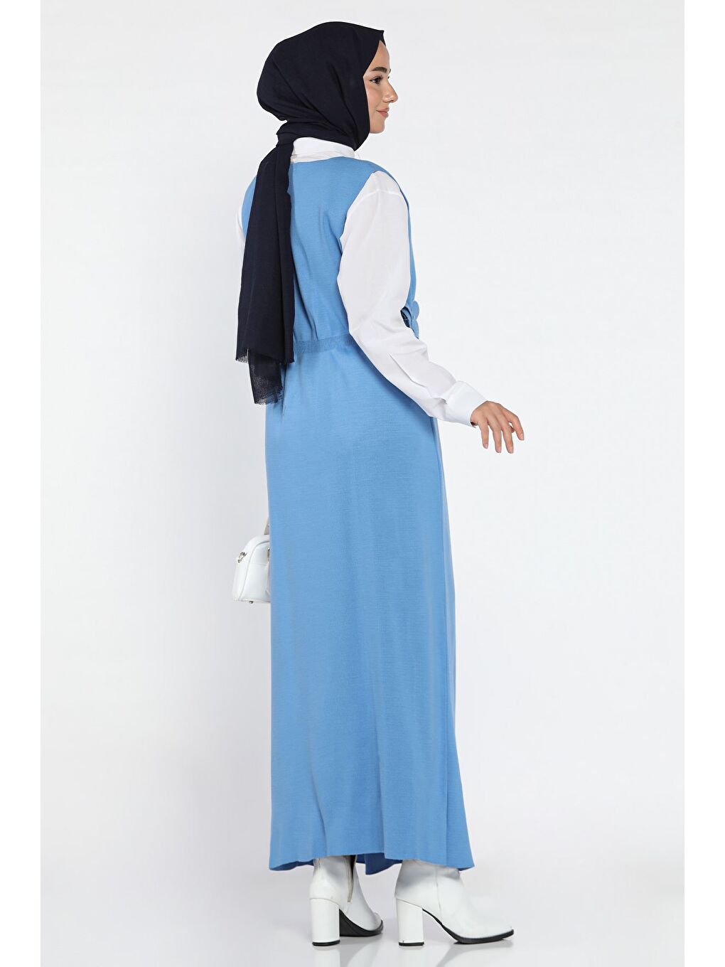 Mavi Gül Figürlü Triko Elbise Gömlek Tesettür İkili Takım-9