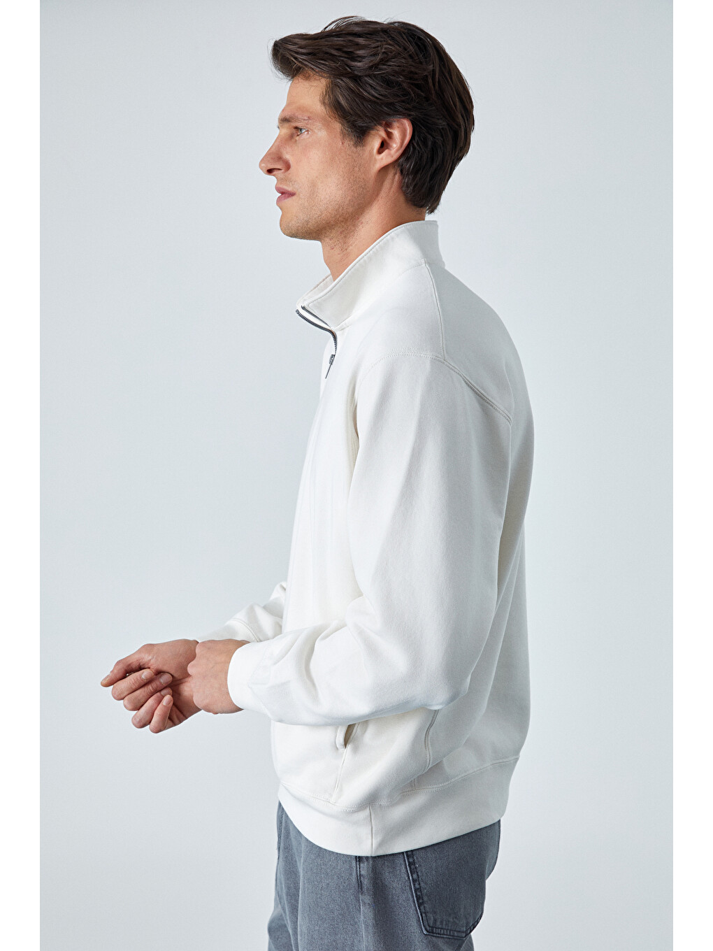 Nestor Erkek Relaxed Fit Dik Yakalı Yarım Fermuarlı Uzun Kollu Ekru Sweatshirt-3