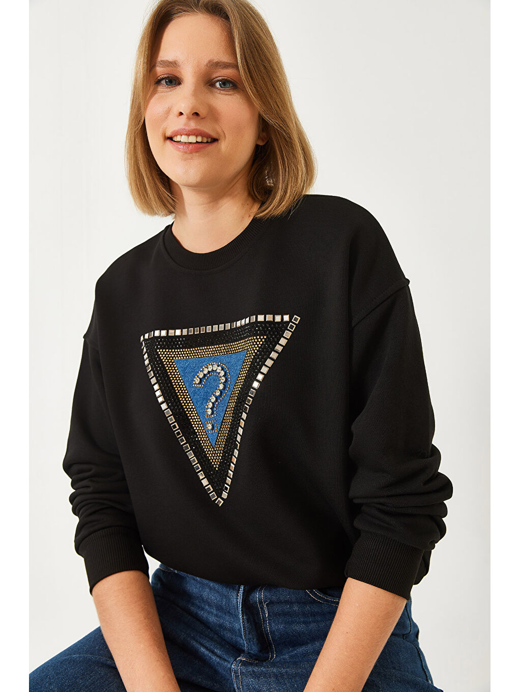 Siyah Kadın Üçgen Taş İşlemeli Sweatshirt-2