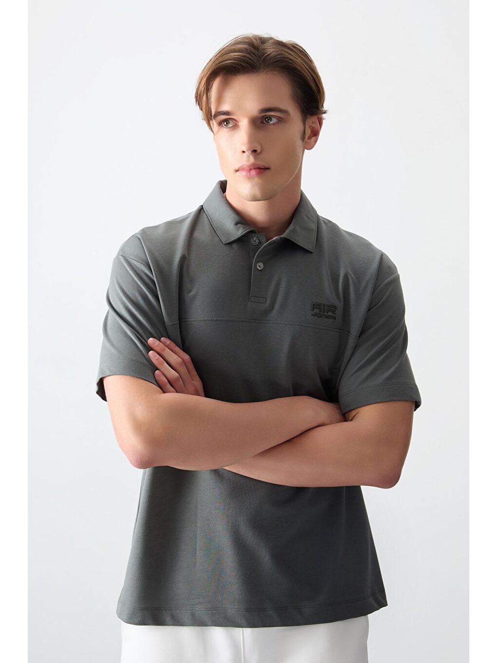 Haki Pamuklu Kalın Yumuşak Dokulu Polo Yaka Oversize Fit Basic Erkek Tişört - 88382-3