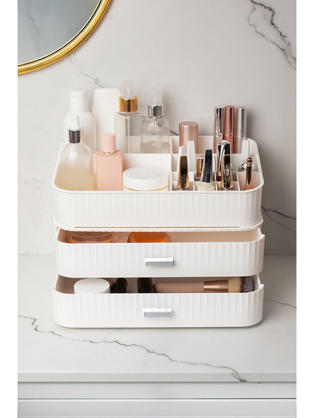 0620 3 Katlı Beyaz Makyaj Organizeri - Kozmetik Düzenleyici - Saklama Kutusu-2