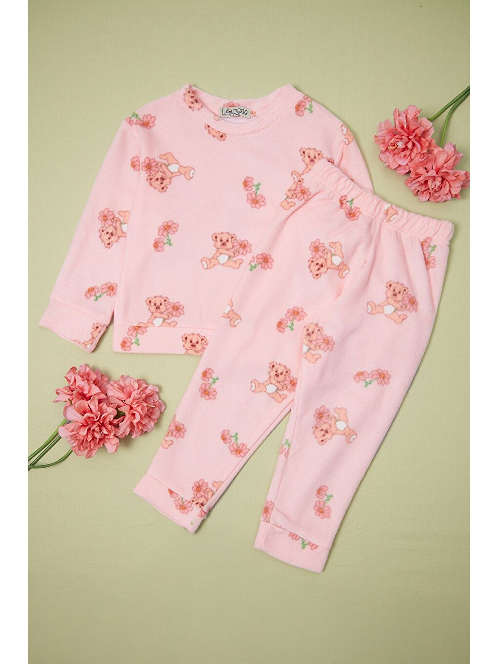 Pembe Ev Desenli Polar Unisex Çocuk Pijama Takımı