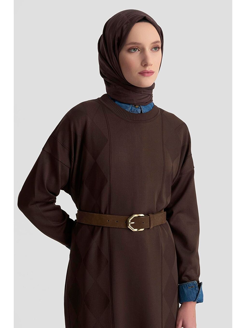 Kahverengi Baklava Desenli Triko Elbise 25Ktd958 Acı Kahve