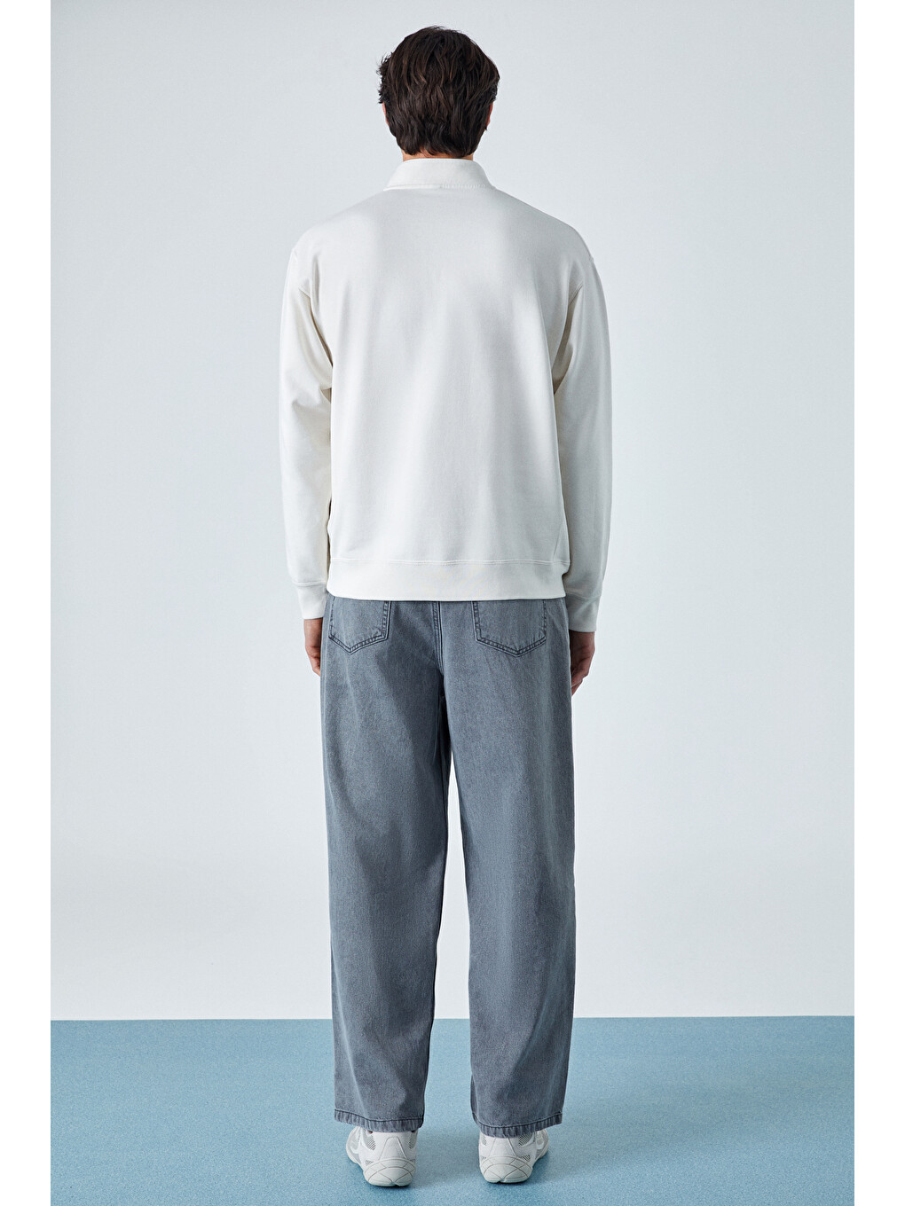 Nestor Erkek Relaxed Fit Dik Yakalı Yarım Fermuarlı Uzun Kollu Ekru Sweatshirt-4