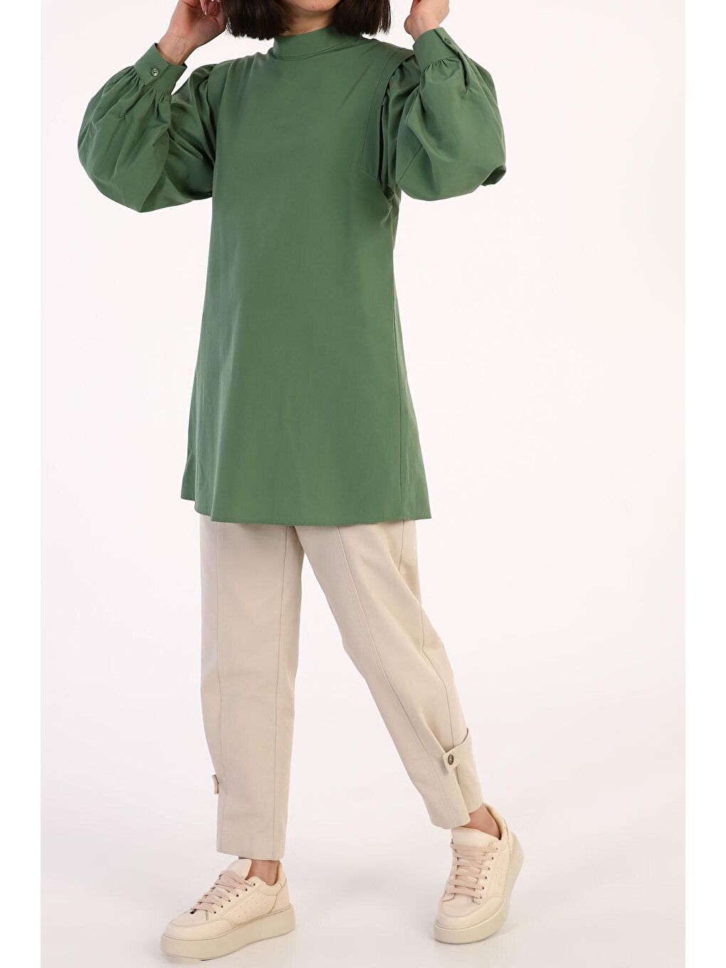 Yeşil Omuz Pile Detaylı Balon Kol Tunik-1