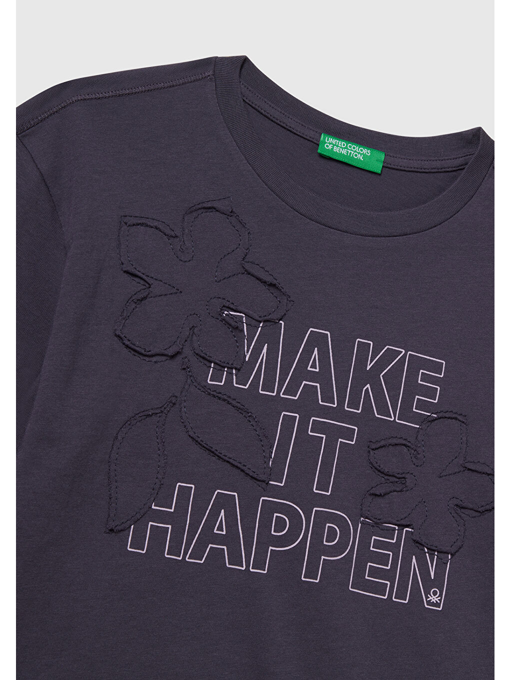 Kız Çocuk Koyu Gri Önü Baskılı Aplikeli Ribana Yakalı Relaxed Fit T-shirt-2