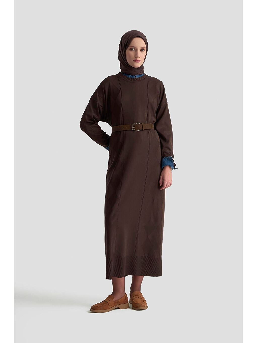 Kahverengi Baklava Desenli Triko Elbise 25Ktd958 Acı Kahve-1