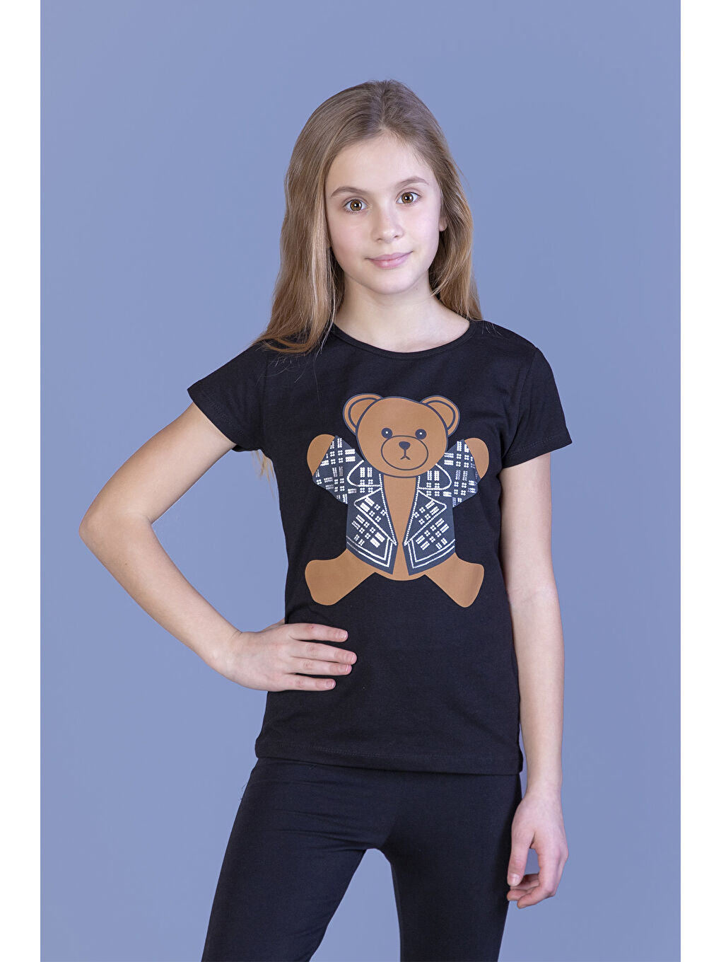 Siyah Kız Çocuk Ayıcık Baskılı Tişört