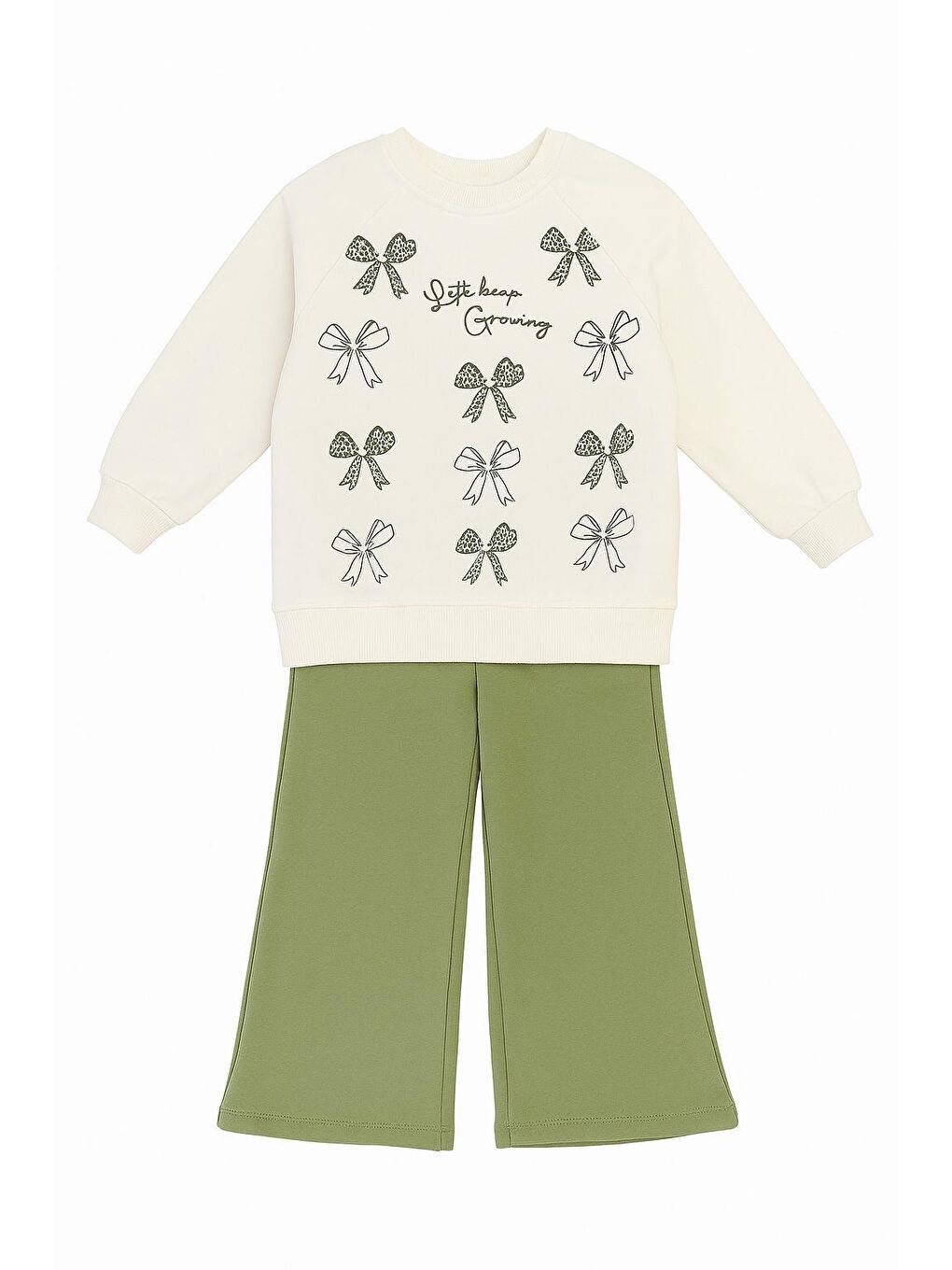 Ekru 💚 Yeşil Fiyonk Desenli “Let’s Keep Growing” Kız Çocuk Eşofman Takımı