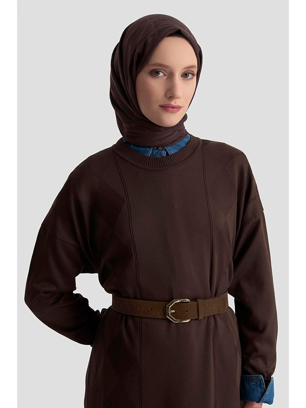 Kahverengi Baklava Desenli Triko Elbise 25Ktd958 Acı Kahve-3