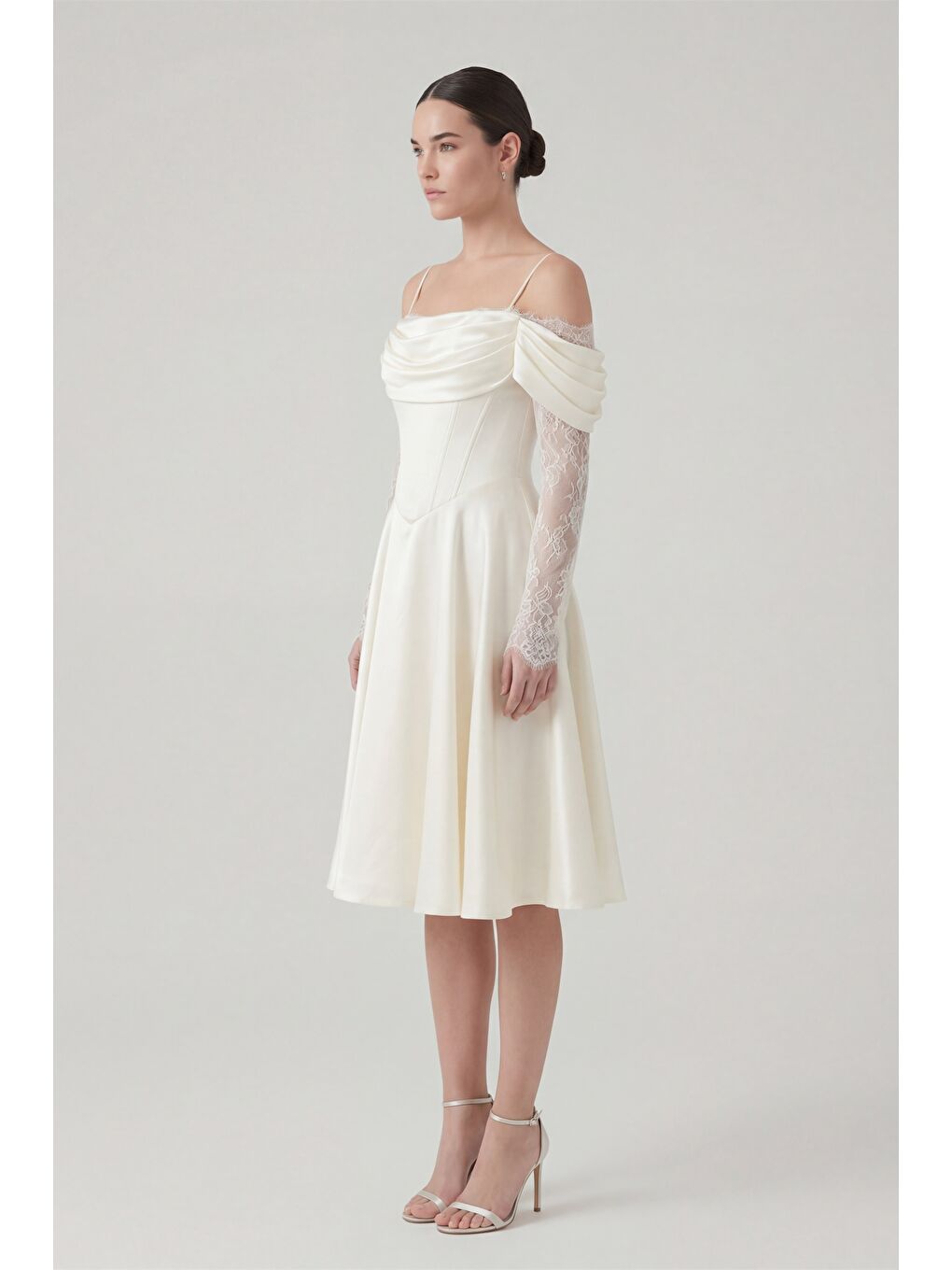 Kadın Beyaz Dar Kalıp Dantel Detaylı Midi Söz Nişan Nikah Abiye Elbise-1