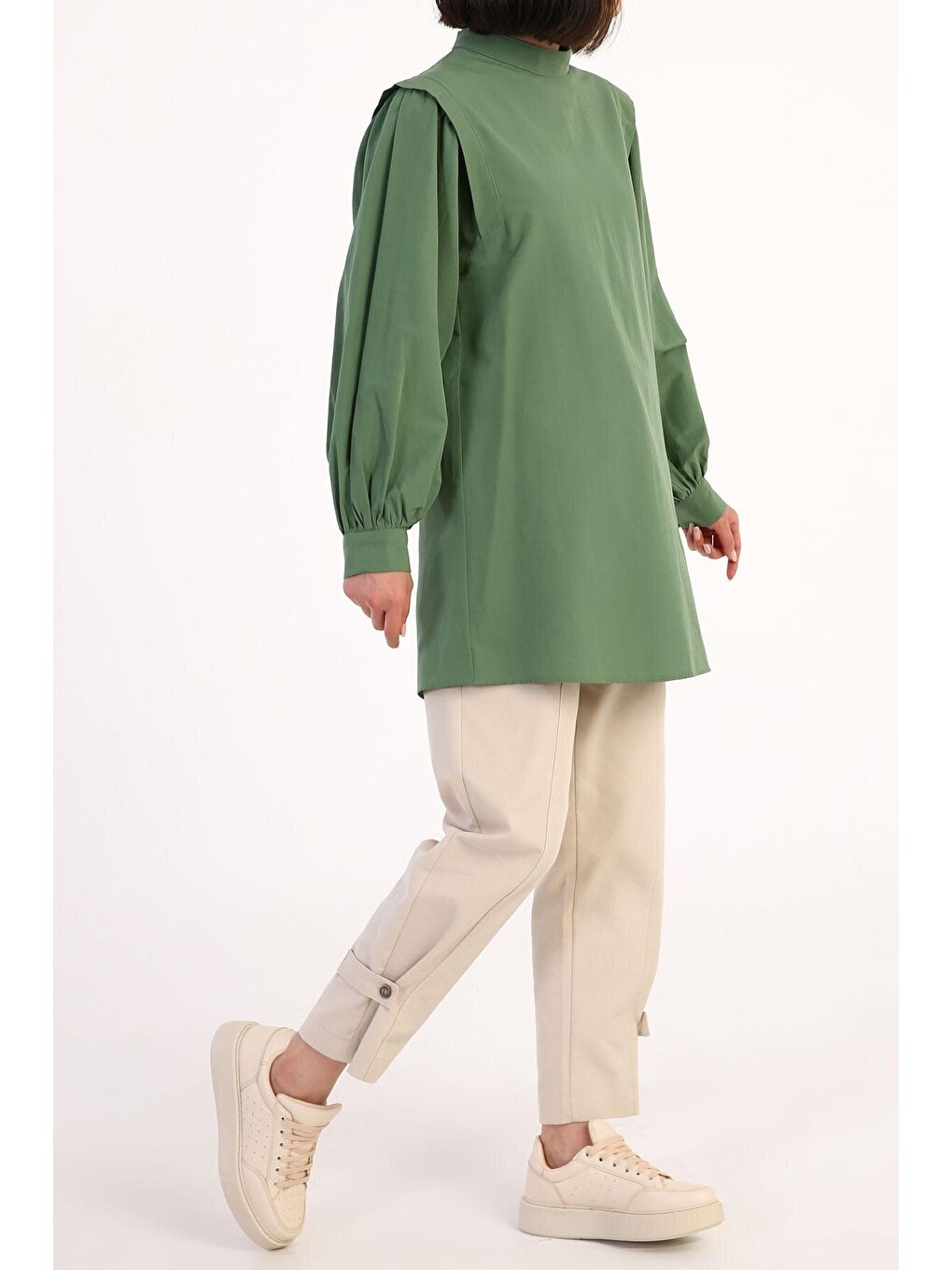 Yeşil Omuz Pile Detaylı Balon Kol Tunik-2