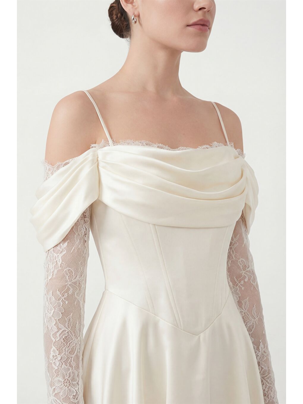 Kadın Beyaz Dar Kalıp Dantel Detaylı Midi Söz Nişan Nikah Abiye Elbise-2