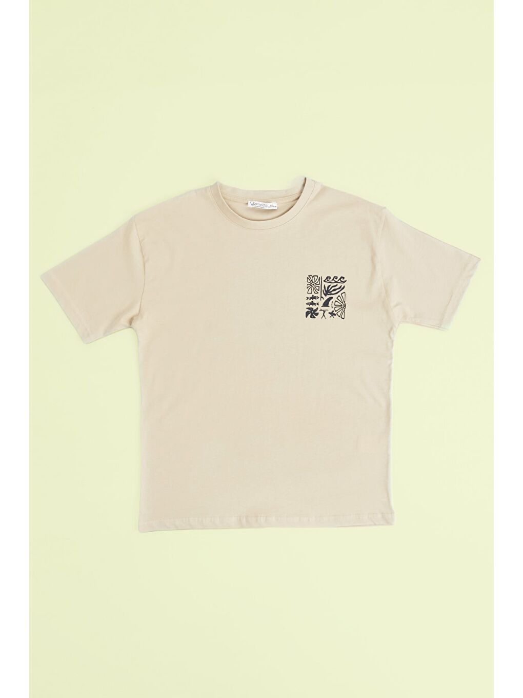 Bej Sörf Baskılı Bisiklet Yaka Erkek Çocuk Oversize Tişört