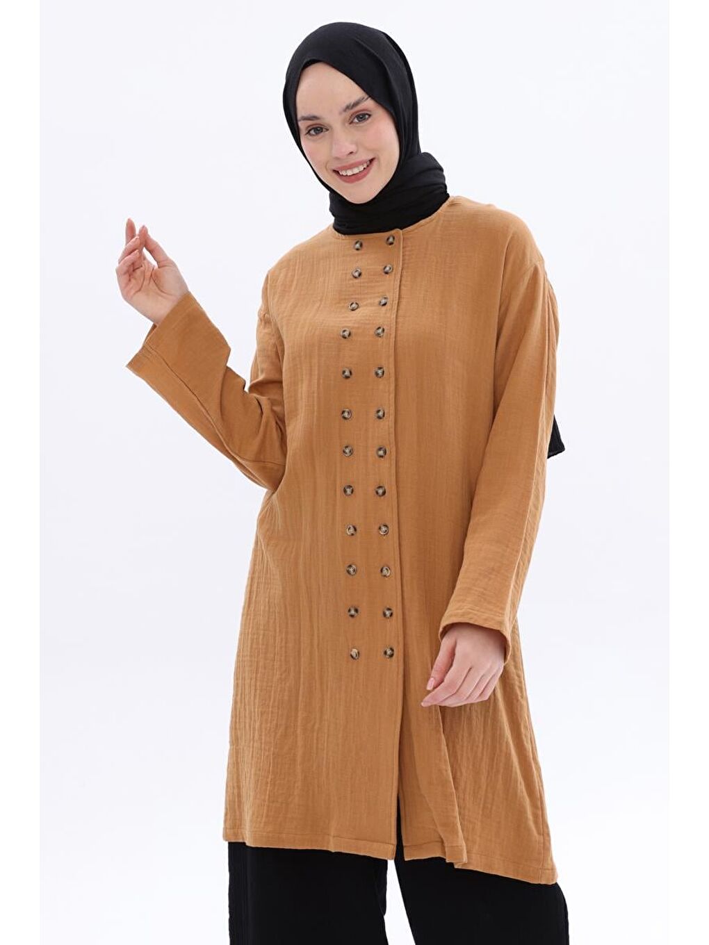 Kahverengi Taba-%100 Pamuklu Çift Düğmeli Gömlek Tunik-3