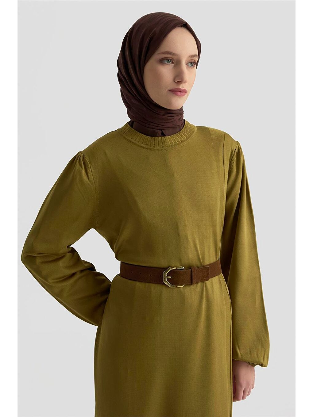 Basic Triko Elbise 25Ktd956 Yağ Yeşili-2