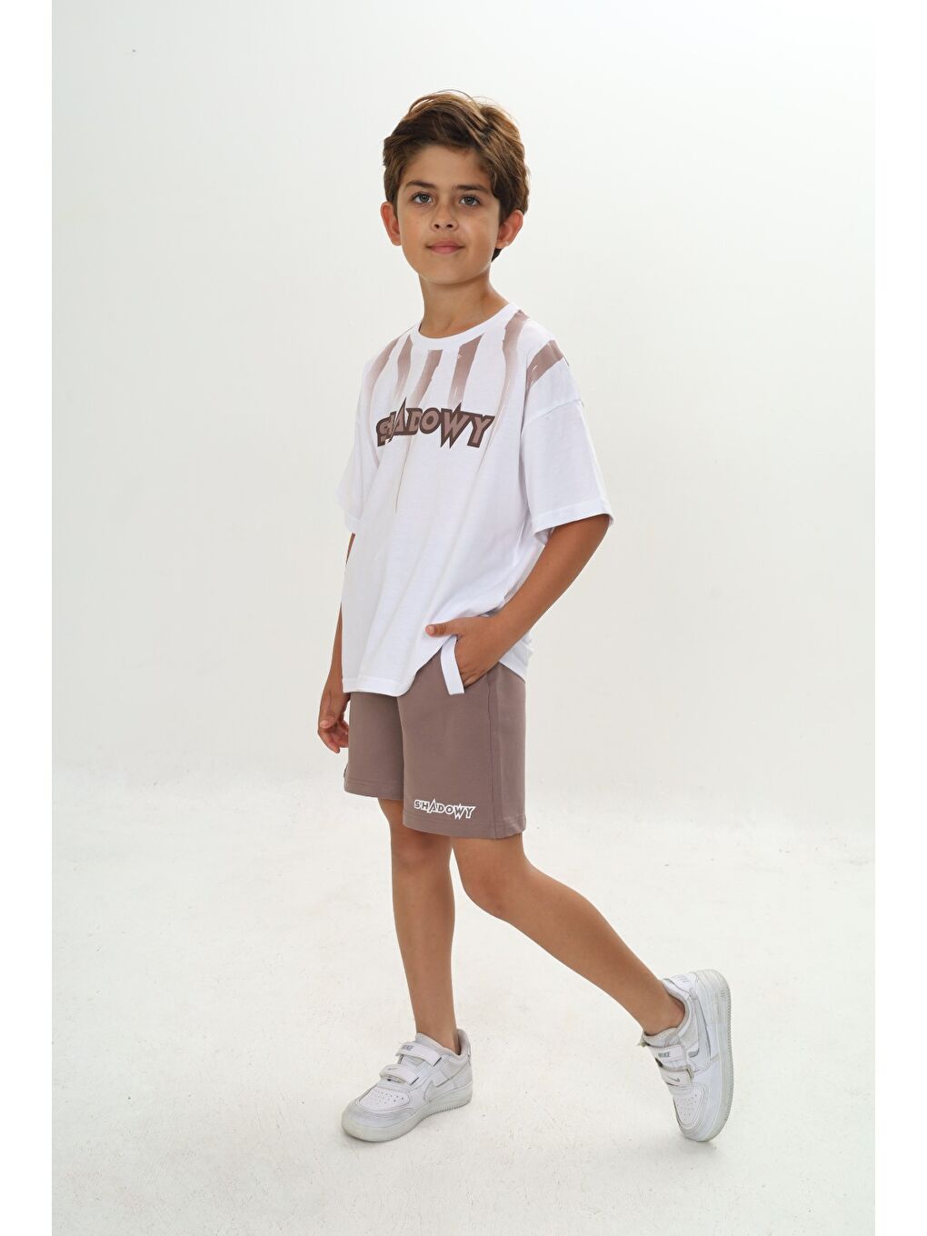 Kahverengi Erkek Çocuk Shadowy Baskılı Şortlu Takım-1