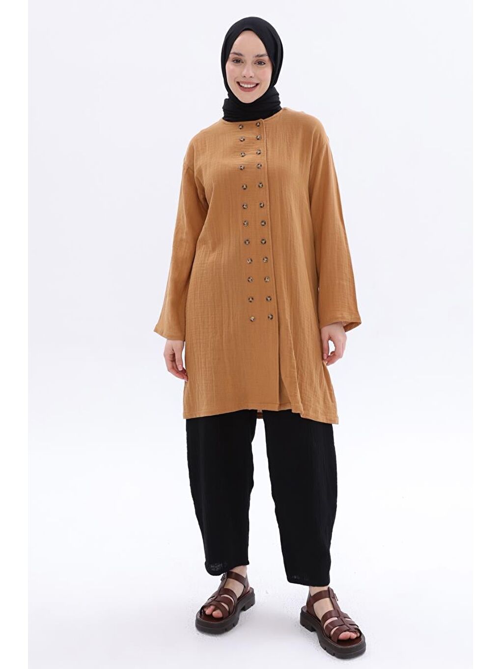 Kahverengi Taba-%100 Pamuklu Çift Düğmeli Gömlek Tunik-4