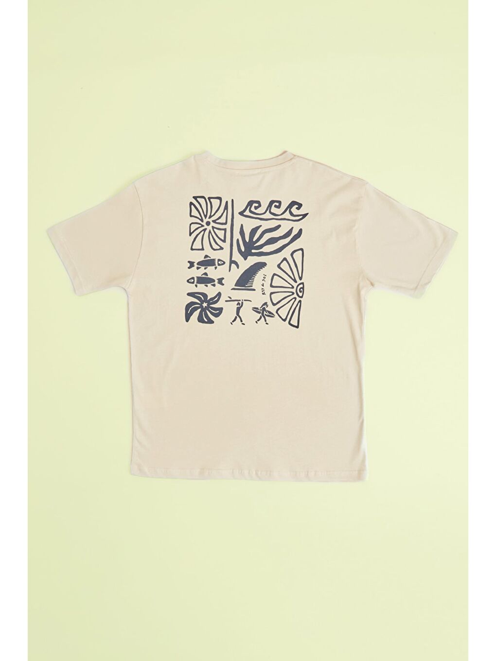 Bej Sörf Baskılı Bisiklet Yaka Erkek Çocuk Oversize Tişört-1