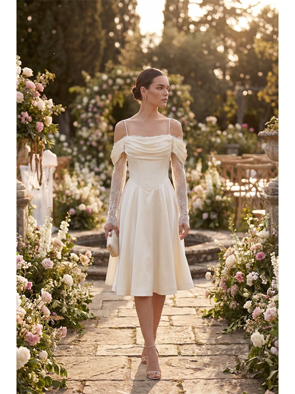 Kadın Beyaz Dar Kalıp Dantel Detaylı Midi Söz Nişan Nikah Abiye Elbise-3