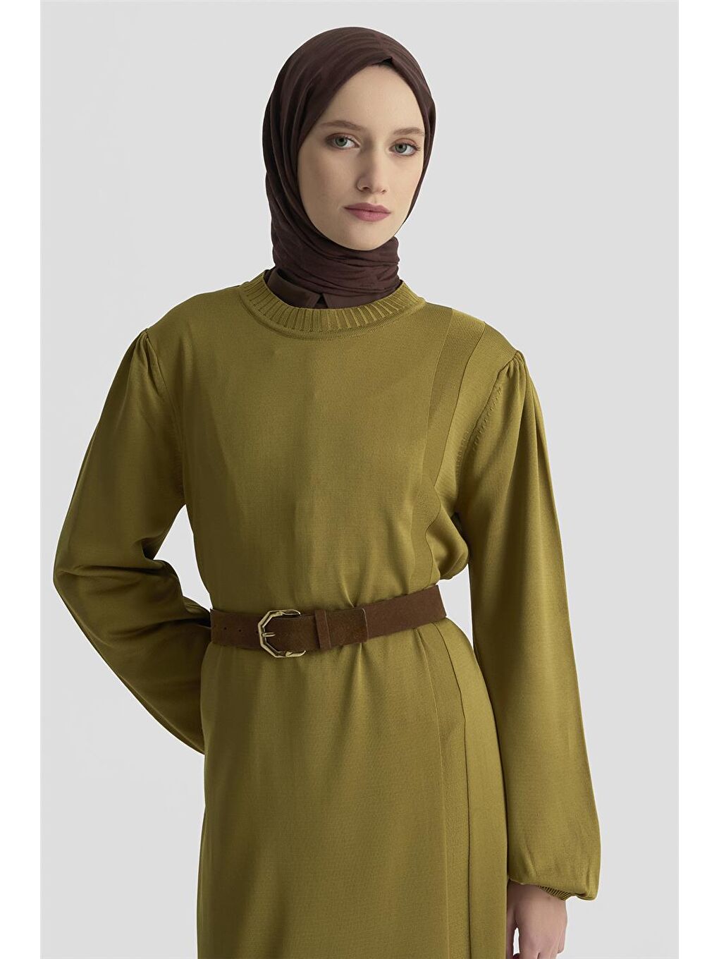 Basic Triko Elbise 25Ktd956 Yağ Yeşili-3