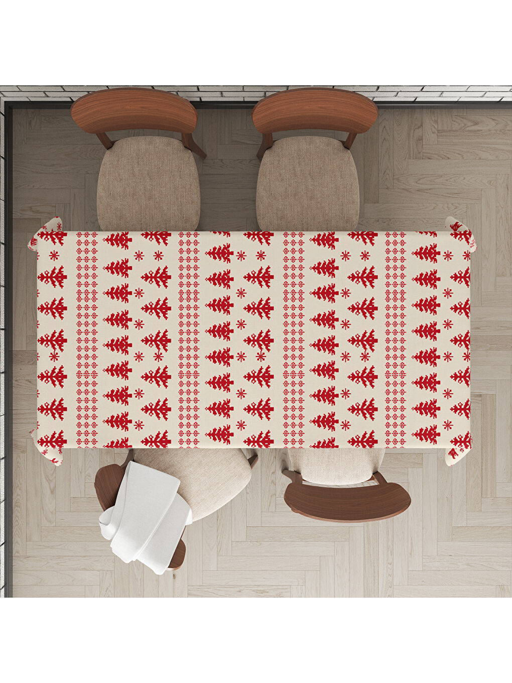 Karışık Yılbaşı Temalı Çam Ağaç Desenli Dijital Baskılı Masa Örtüsü-1