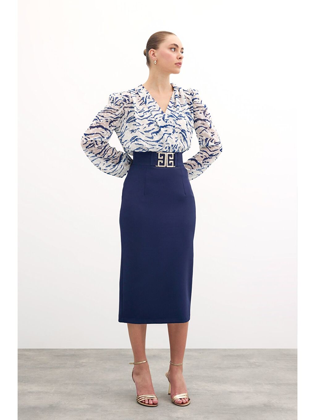 Aksesuar Detaylı Kalem Etek - Lacivert-1