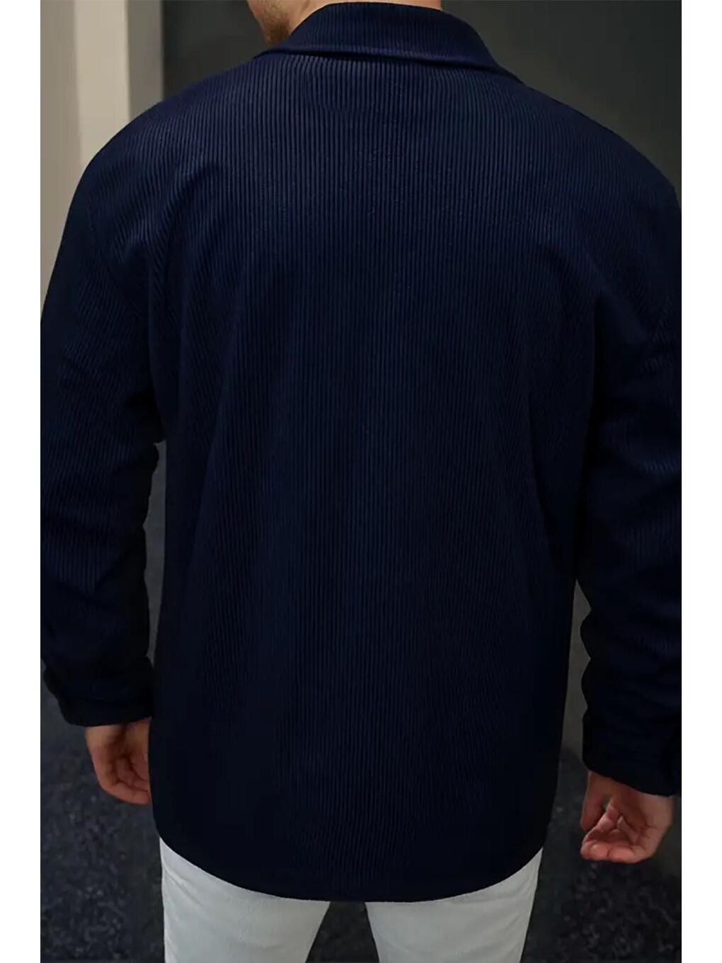 Lacivert Linno Kapaklı Çift Cepli Fitilli Erkek Kadife Gömlek-2