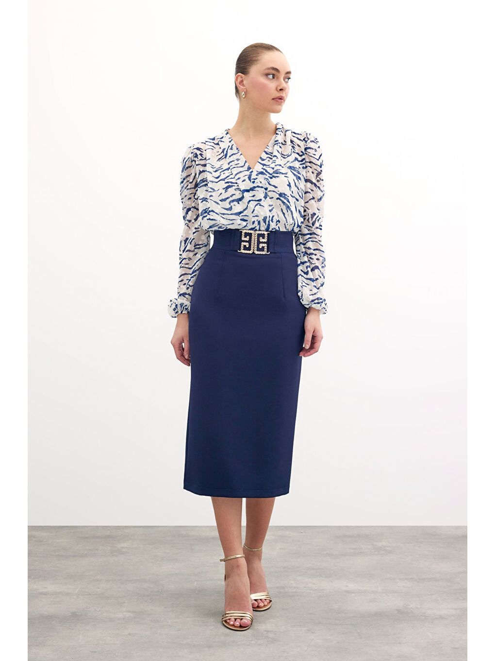 Aksesuar Detaylı Kalem Etek - Lacivert-2