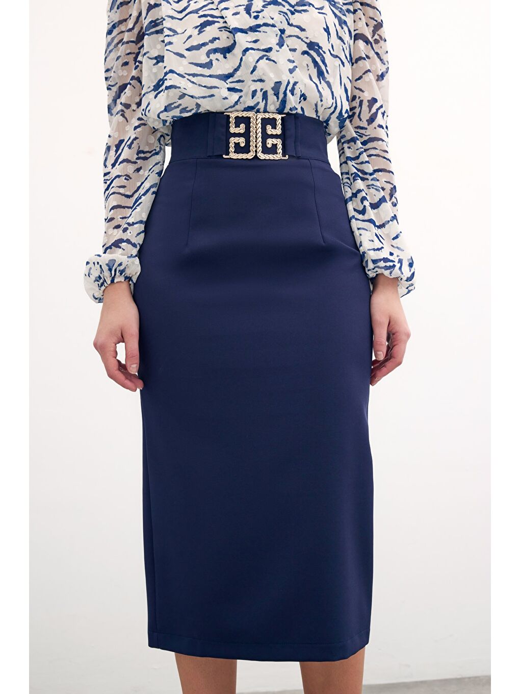 Aksesuar Detaylı Kalem Etek - Lacivert-3