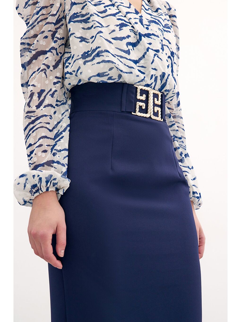 Aksesuar Detaylı Kalem Etek - Lacivert-4