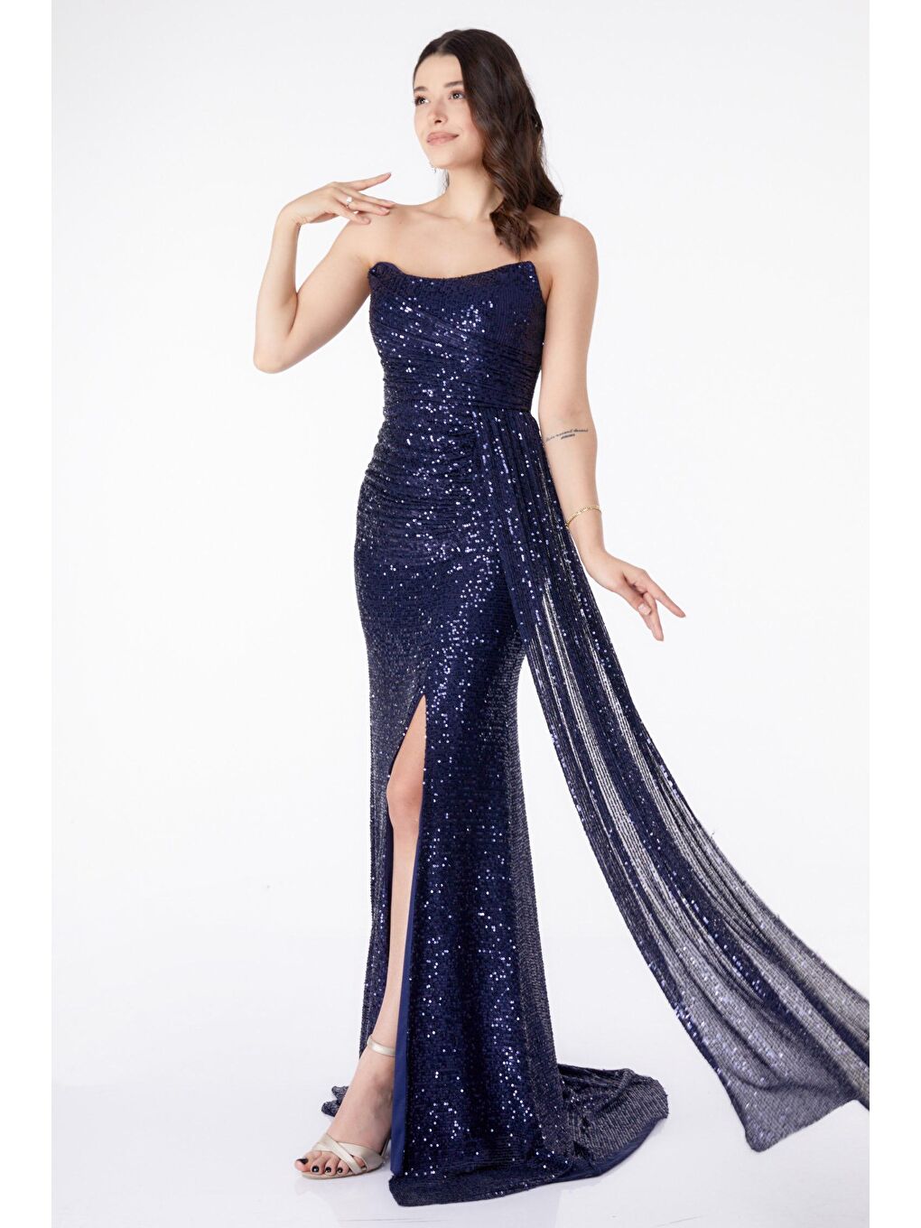 Orta Kadın Lacivert Payetli Abiye Elbise - 25456