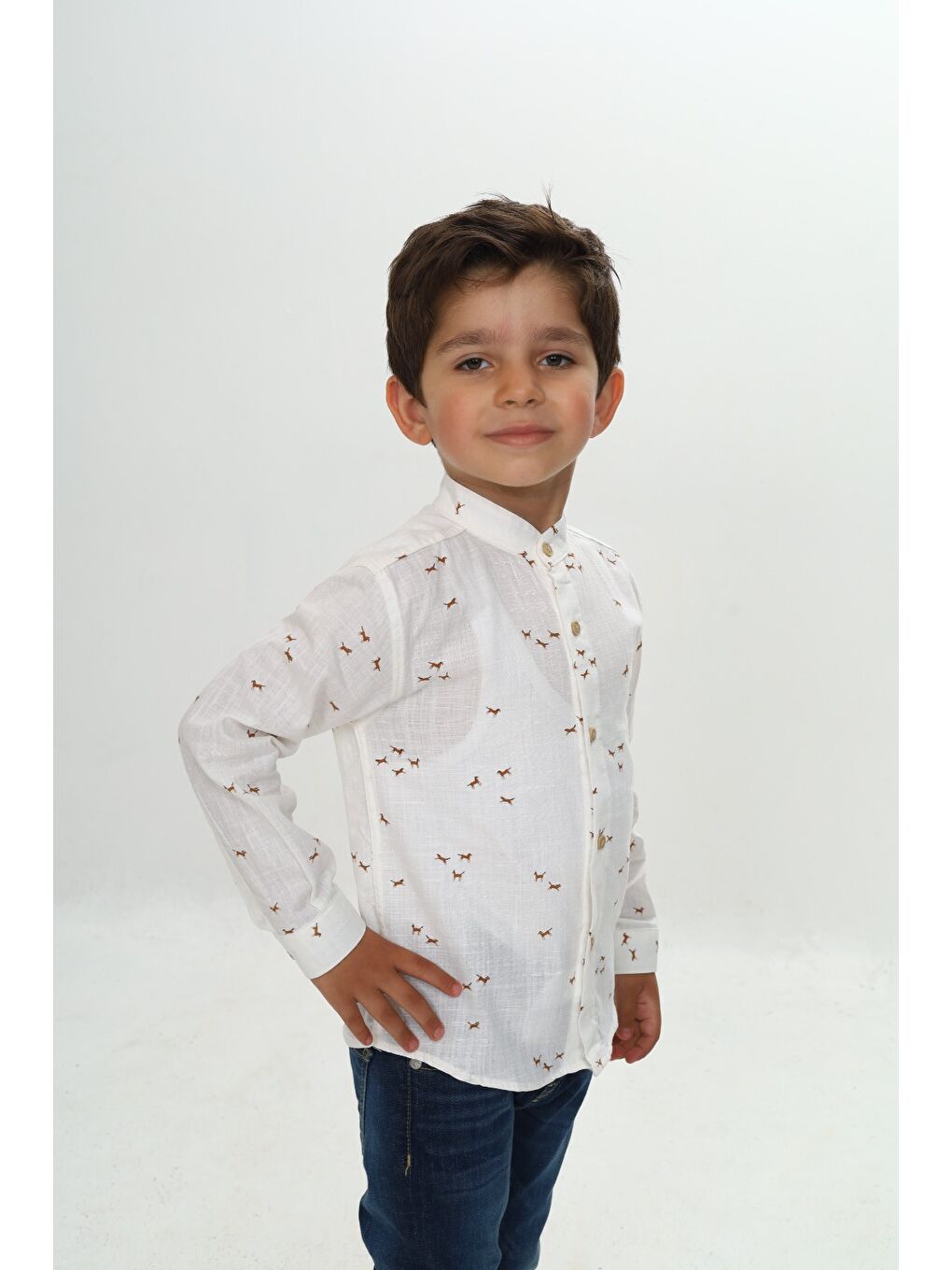 Ekru Erkek Çocuk At Baskılı Gömlek-1