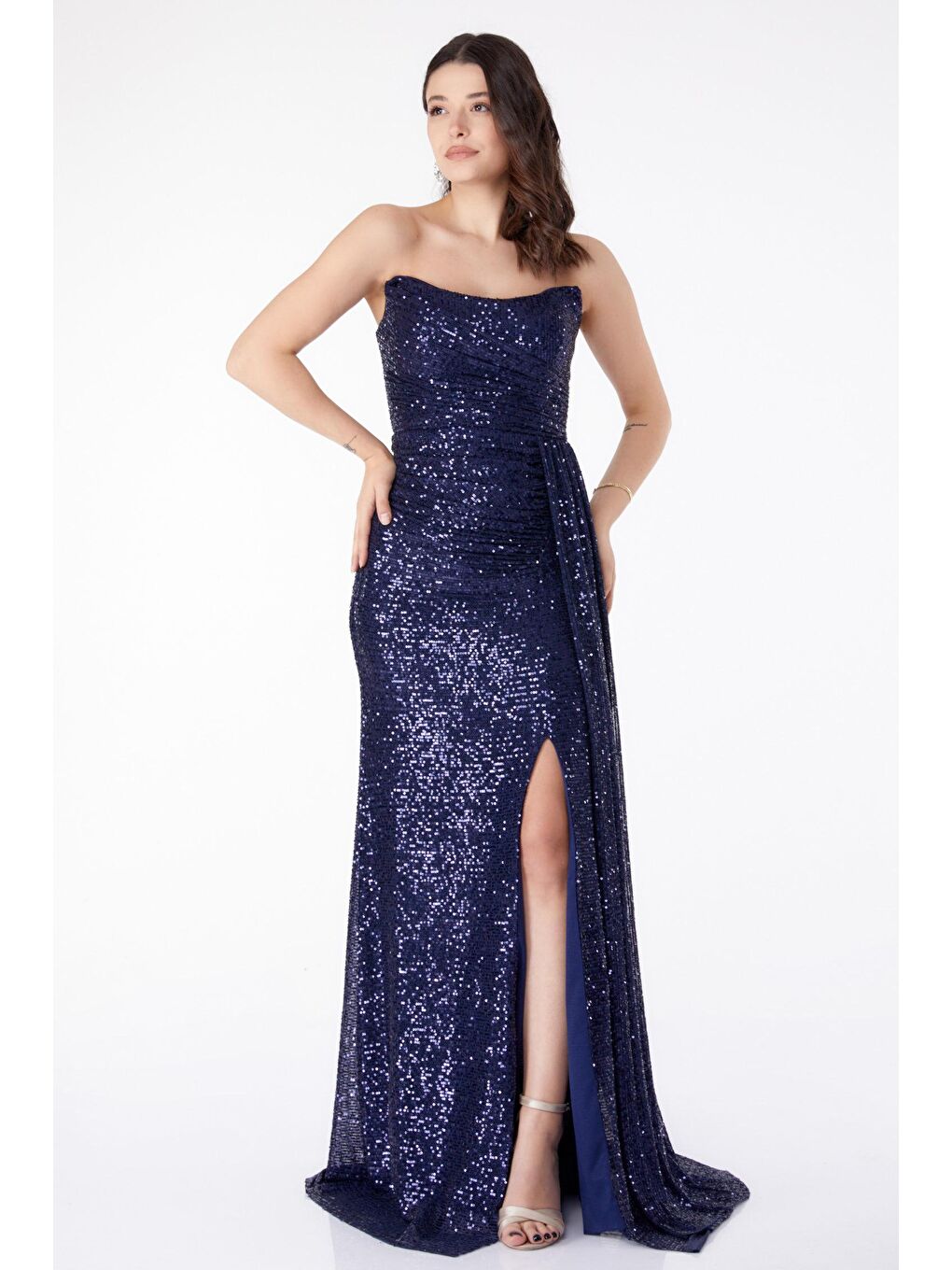 Orta Kadın Lacivert Payetli Abiye Elbise - 25456-1