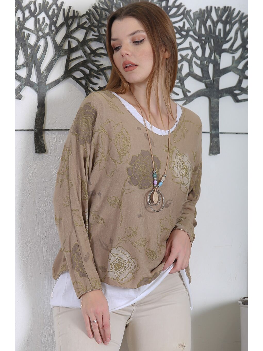 Kahverengi İtalyan Üçlü Set Açık Kahve Yarasa Kol Yaka Ve Etek Ucu Lurex İpli Kolyeli Ve İçi Basic Triko Bluz-2