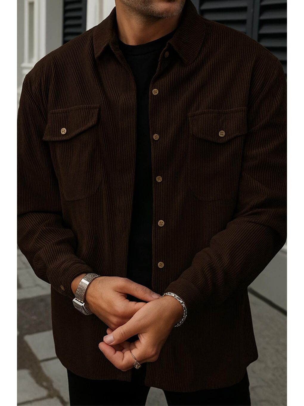 Kahverengi Linno Kapaklı Çift Cepli Fitilli Erkek Kadife Gömlek