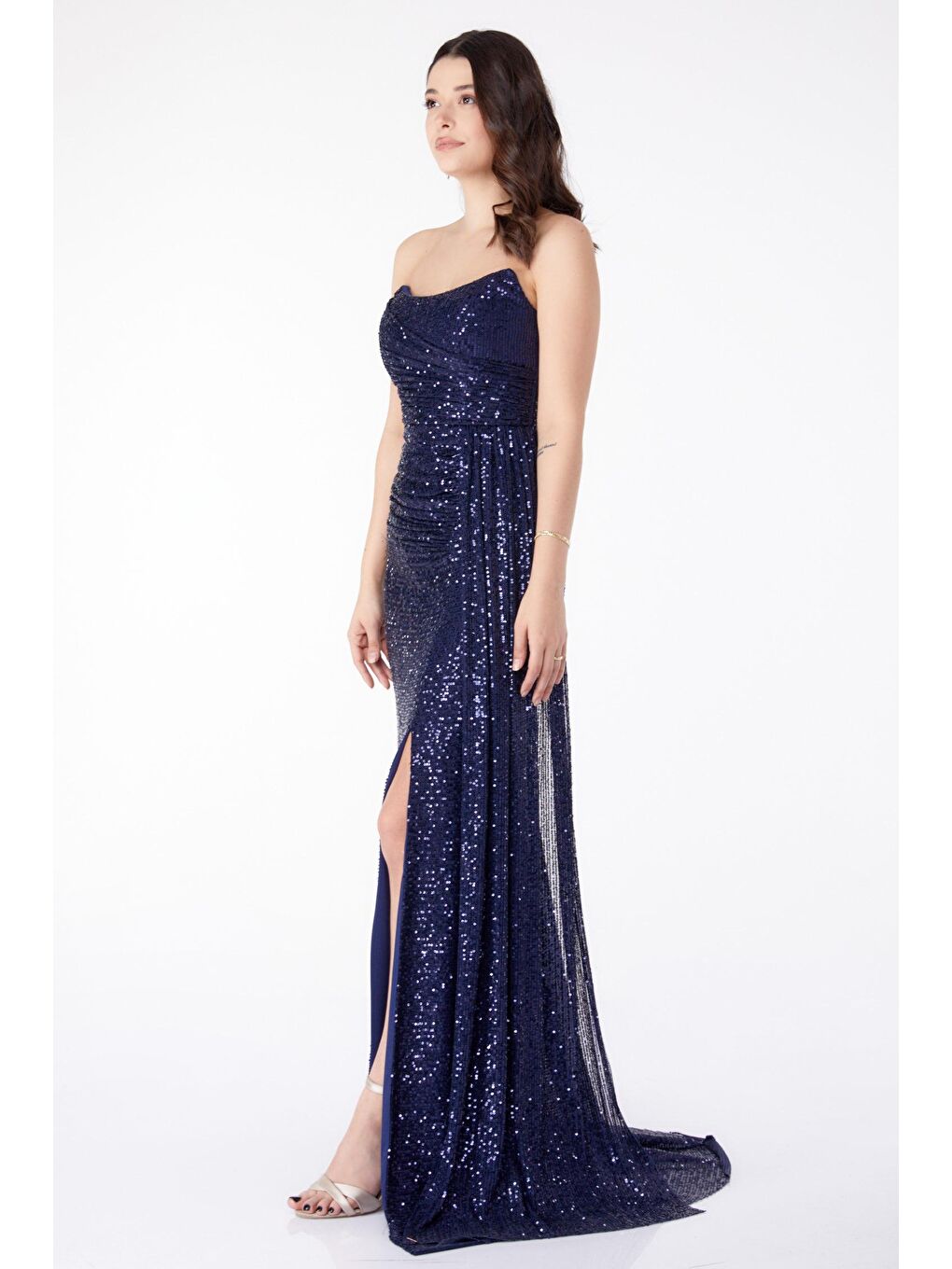 Orta Kadın Lacivert Payetli Abiye Elbise - 25456-3