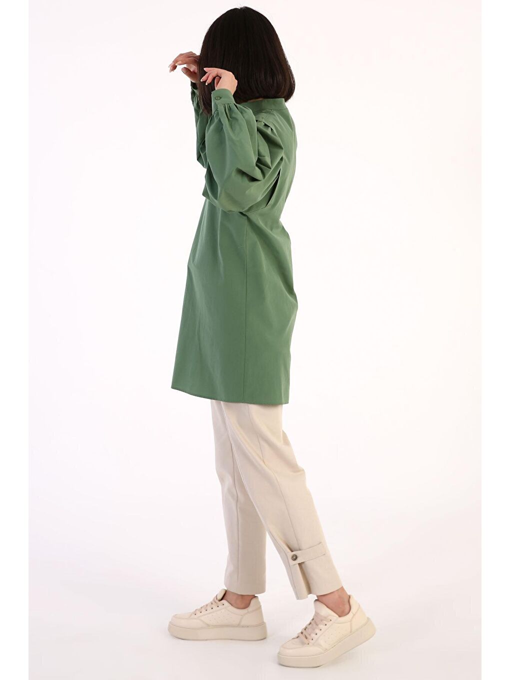 Yeşil Omuz Pile Detaylı Balon Kol Tunik-3