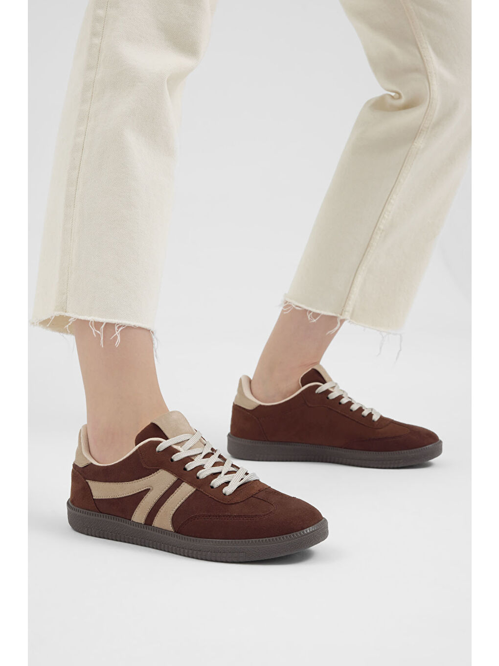 Kahverengi Kadın Kahve Bej Termo Taban Yanı Şeritli Bağcıklı Günlük Rahat Spor Ayakkabı-3