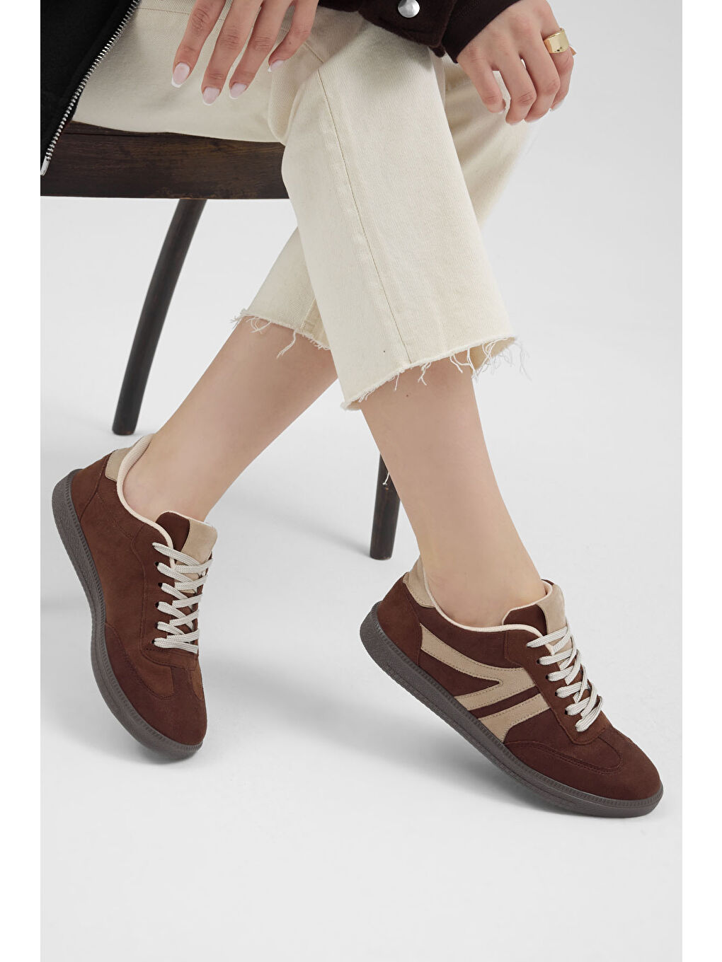 Kahverengi Kadın Kahve Bej Termo Taban Yanı Şeritli Bağcıklı Günlük Rahat Spor Ayakkabı-4