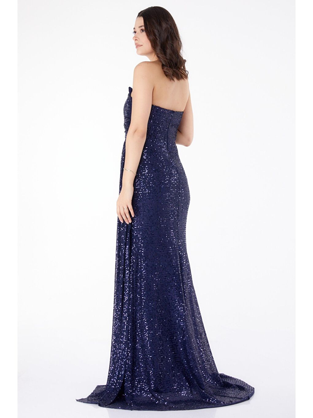 Orta Kadın Lacivert Payetli Abiye Elbise - 25456-4