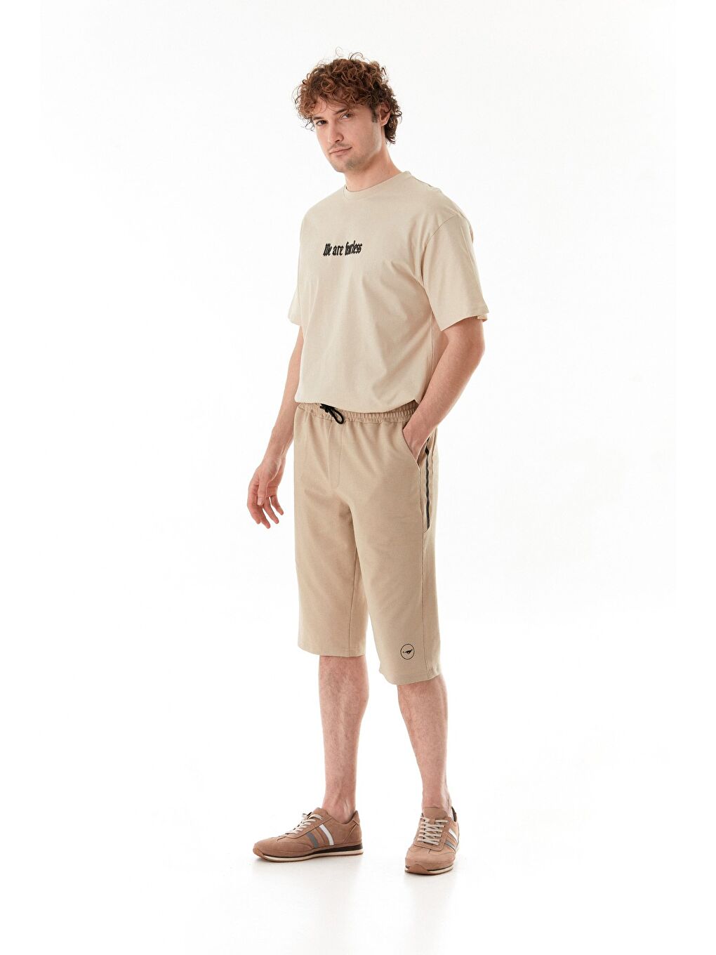 Bej Beli Bağcıklı Çift Cepli Şort