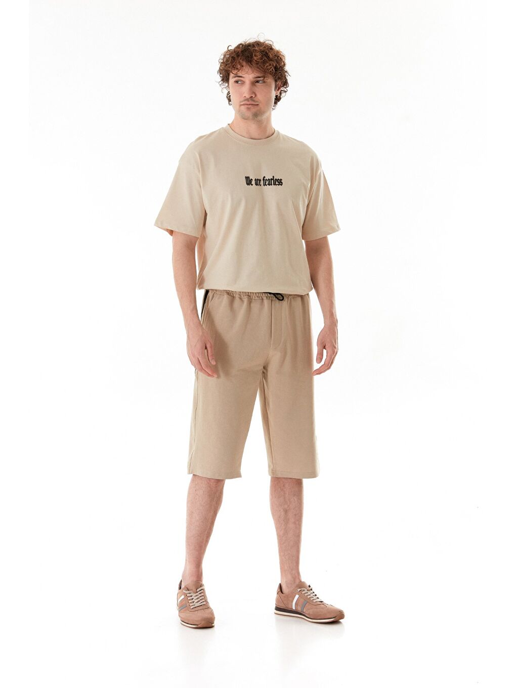 Bej Beli Bağcıklı Çift Cepli Şort-1