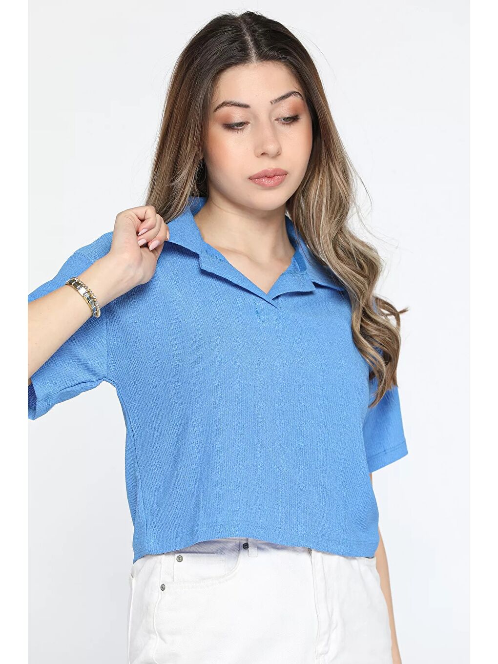 GÜLSELİ İndigo Kadın Polo Yaka Crop T-shirt - 1