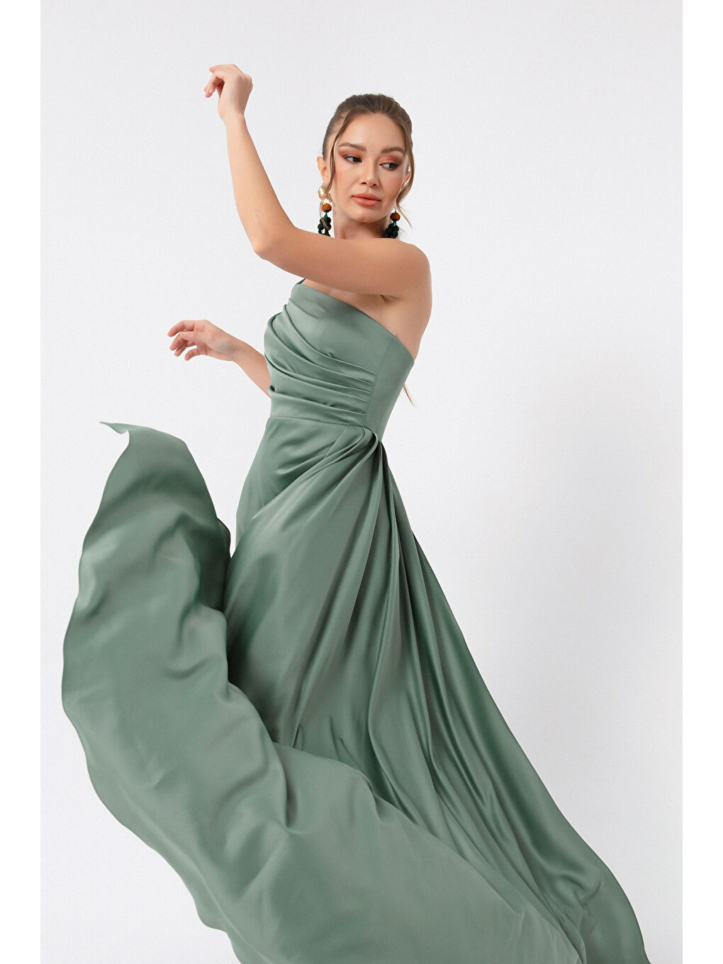 Mavi Kadın Firuze Tek Omuzlu Saten Abiye & Mezuniyet Elbisesi-1