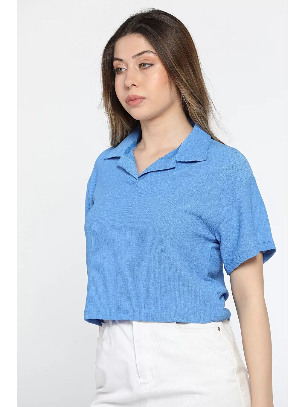 GÜLSELİ İndigo Kadın Polo Yaka Crop T-shirt - 2