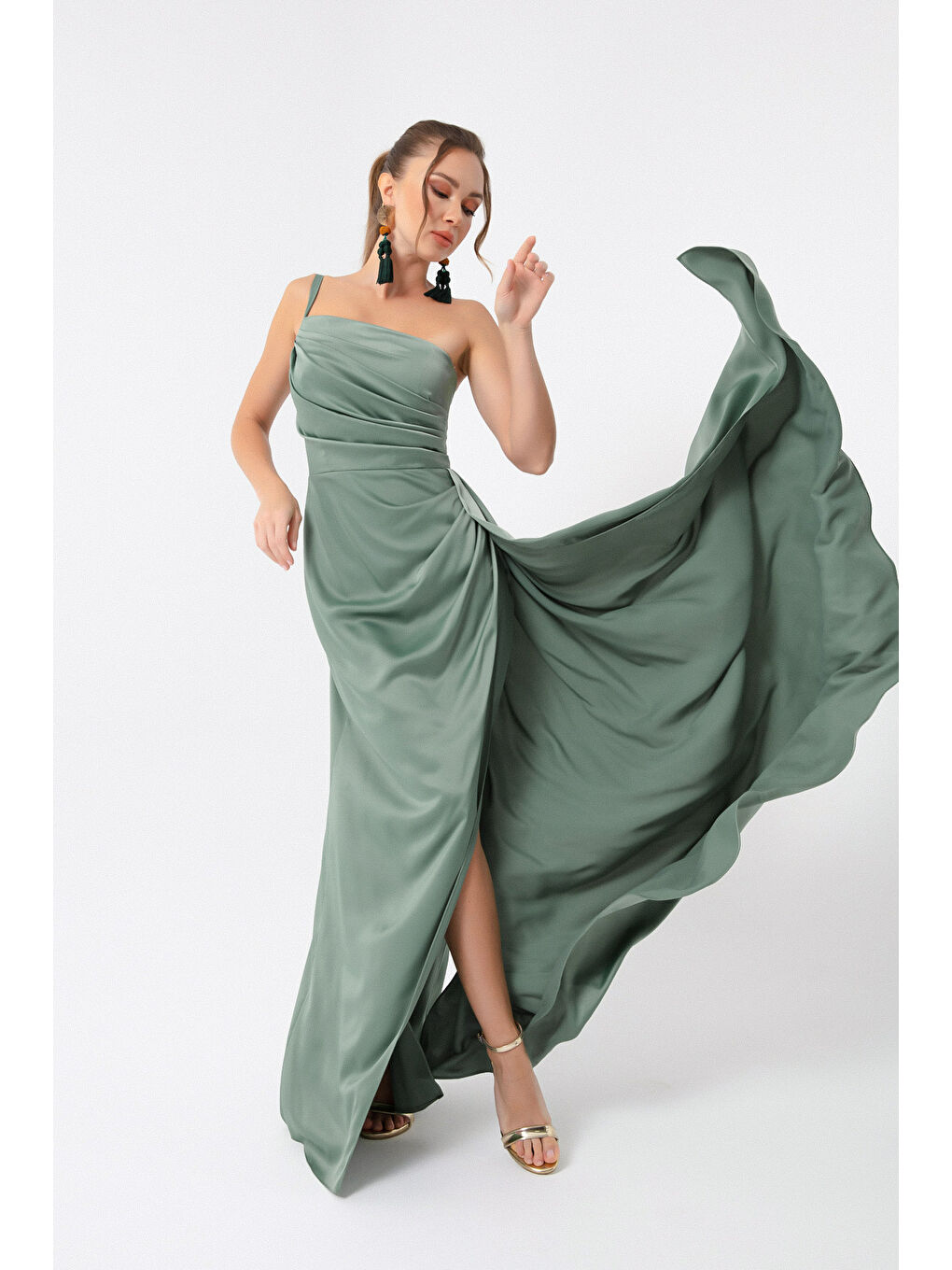 Mavi Kadın Firuze Tek Omuzlu Saten Abiye & Mezuniyet Elbisesi-2