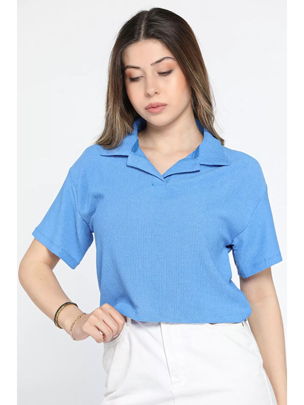 GÜLSELİ İndigo Kadın Polo Yaka Crop T-shirt - 3