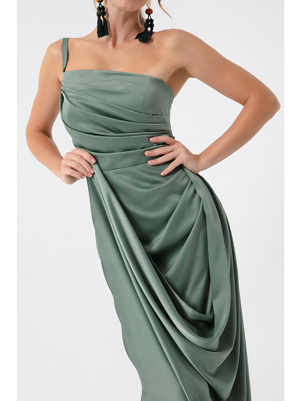 Mavi Kadın Firuze Tek Omuzlu Saten Abiye & Mezuniyet Elbisesi-3