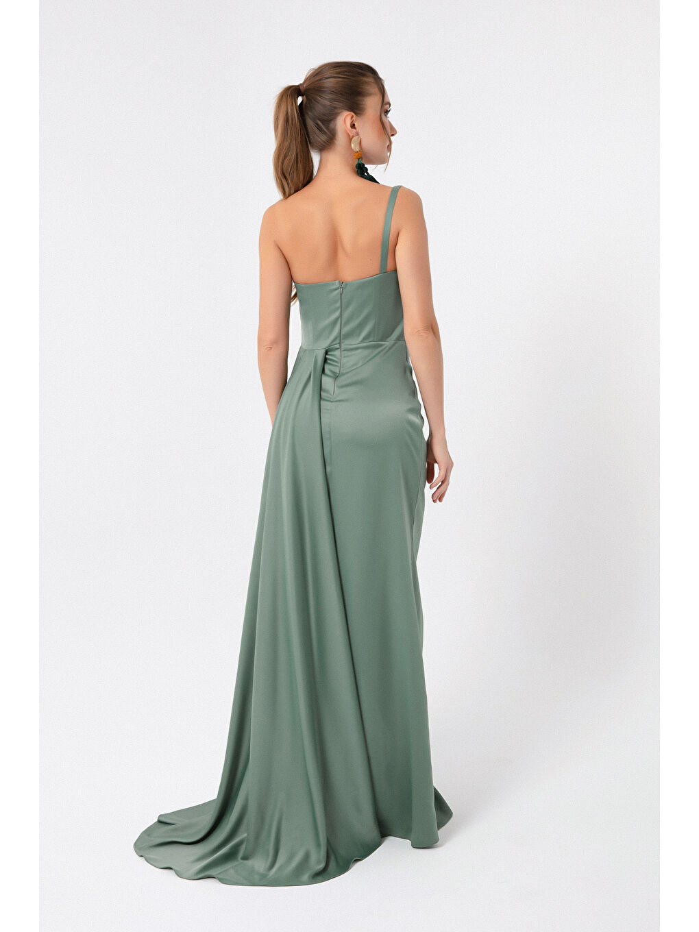 Mavi Kadın Firuze Tek Omuzlu Saten Abiye & Mezuniyet Elbisesi-4